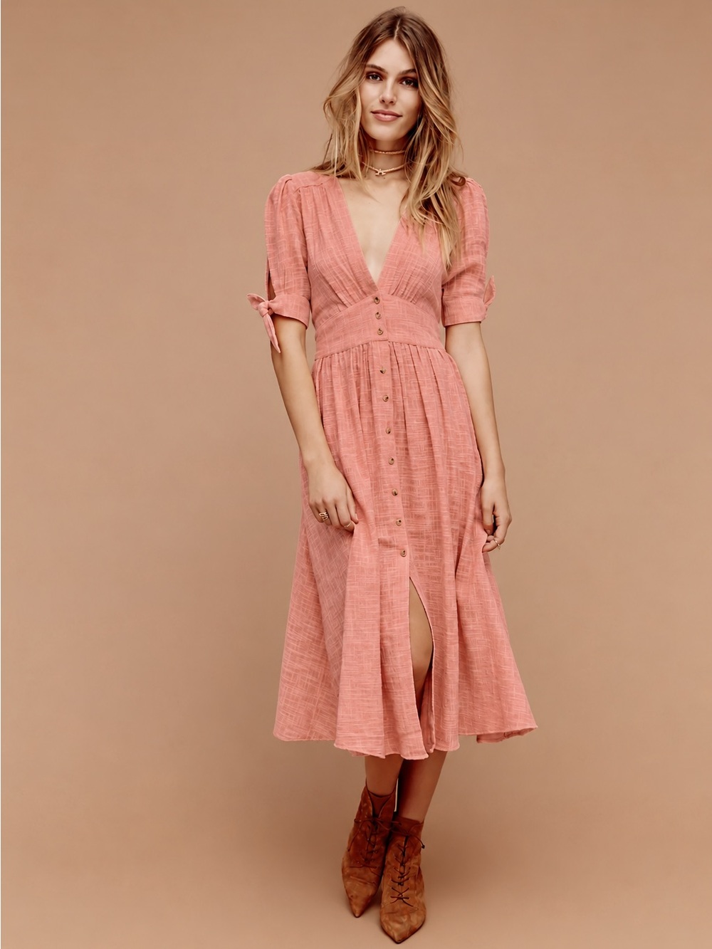 Free People Love of My Life Cotton Gauze Dusty Rose Button-Front Midi SZ Small